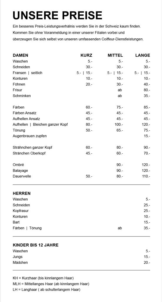 Vollständige Preisliste